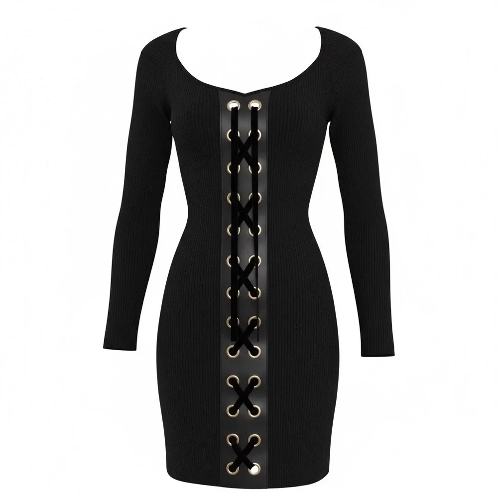 Say What Black Ribbed Knit Lace Up Faux Leather Bodycon Mini Dress Womens Medium